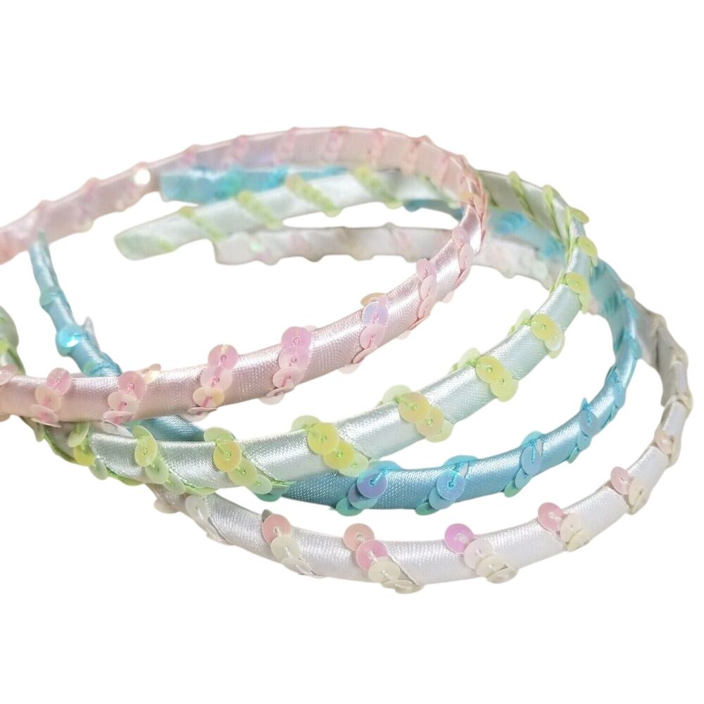 Girls Headbands Lot 4 Pcs 1/2" Wide Sequin Hairbands Blue Green White Pink